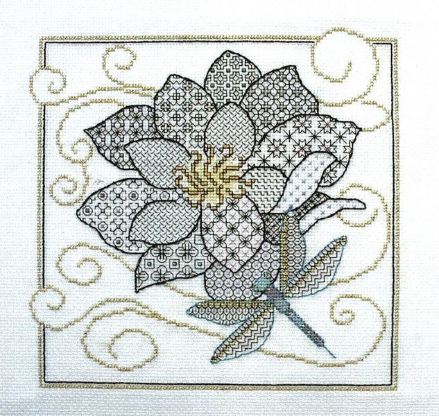 Blackwork Flowers and Dragonfly - blackwork pattern by Lesley Teare