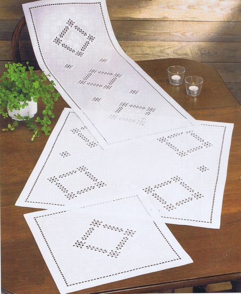 White Hardanger Table Mats with Diamonds and Flowers